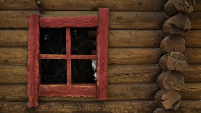 Rustic log cabin wall with red window frame featuring festive Christmas lights