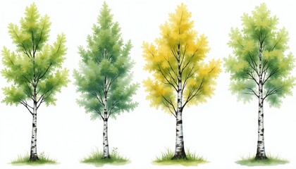 Naklejka premium Watercolor birch trees in green and yellow foliage stand on white background. Delicate trees with white trunks and dark bark show grass at bases. Seasonal change nature art.