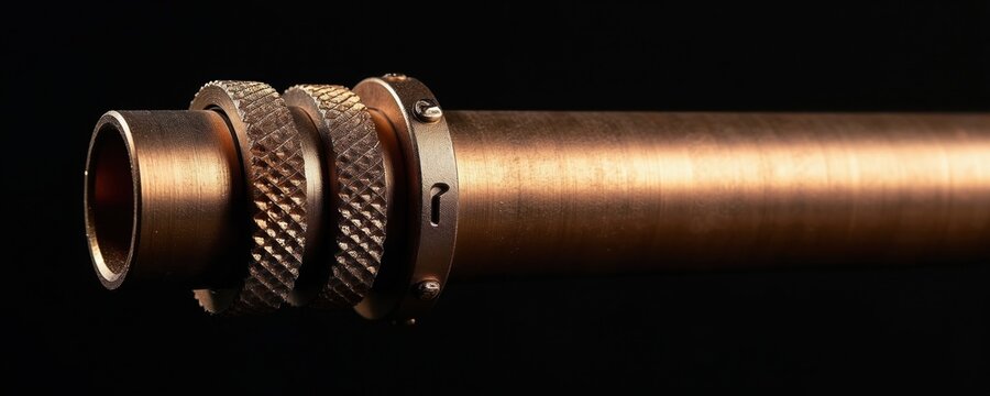Close up on bronze metal pipe section. Knurled rings and smooth surface detail. Industrial mechanical component isolated on black background for design.