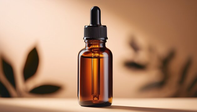 amber glass dropper bottle on a soft beige background ideal for essential oils or herbal extracts