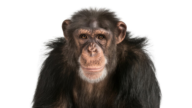 Chimpanzee portrait with dark fur and light facial hair, isolated on transparent background