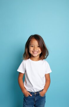 Cute smiling girl with brown hair wears white t-shirt and blue jeans. She stands with hands in pockets against a plain blue backdrop. Happy kid looking forward with a joyful expression.