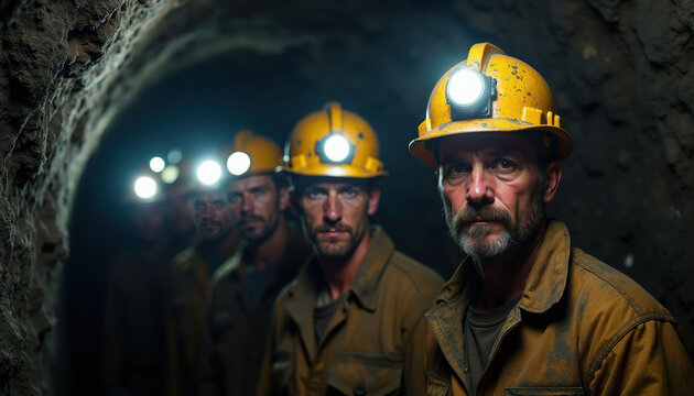 Men in hard hats with headlamps work in dark underground mine tunnel. Miners wear safety helmets and dirty work clothes. They mine for coal resource in earth excavation.