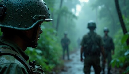 Obraz premium Soldier in camouflage uniform walks in a rain soaked jungle path. Military patrol moves cautiously through dense green forest. Armed troop advances in wet jungle environment.