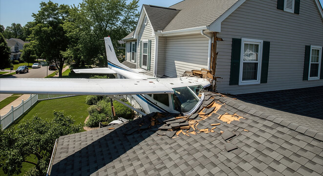 Airplane crashes through suburban house roof, causing significant damage and destruction