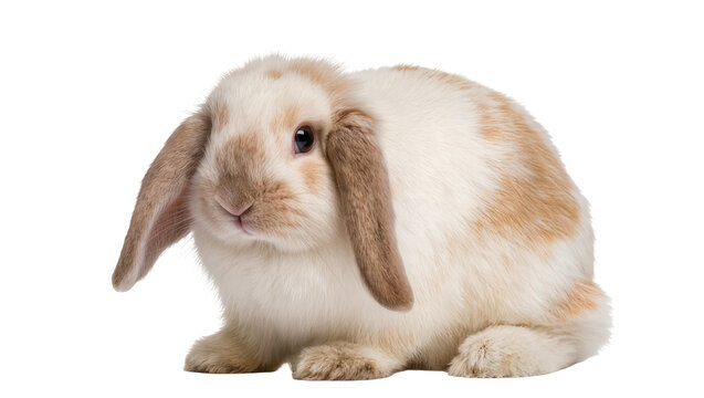 Fluffy lop-eared rabbit with white and tan fur, isolated on transparent background