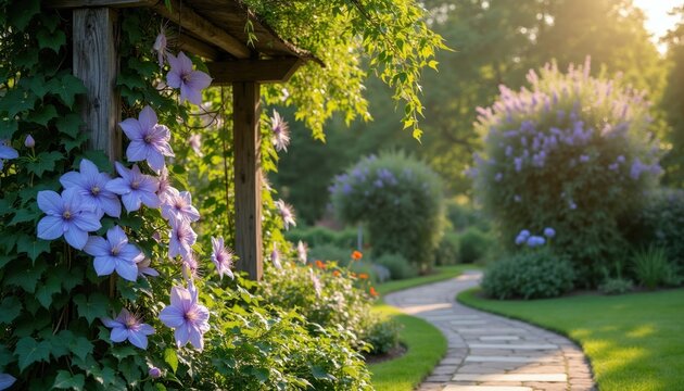 Purple clematis vine climbs wooden arbor structure in sunny garden. Stone path winds through green lawn past blooming bushes and trees. Idyllic summer nature landscape.