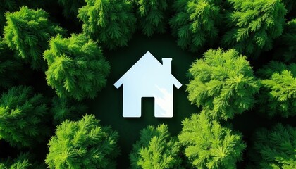 Naklejka premium White simple house symbol nestled within vibrant green forest trees. Represents eco-friendly living, sustainable home, connection with nature. Ideal for environmental topics, nature inspired content.