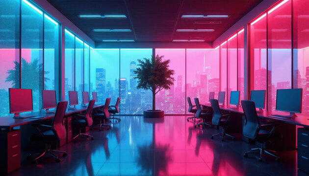 Modern empty office interior with computer desks and chairs. Large windows overlook a city skyline at night, bathed in neon blue and pink light. A lone tree stands in the center.