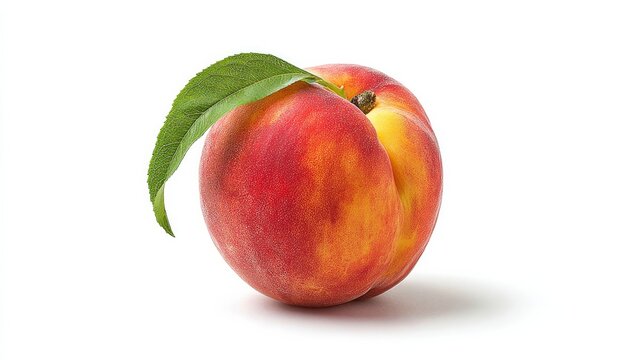 Juicy ripe peach sits alone on a white background.