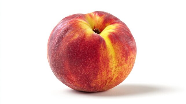 Juicy ripe peach sits alone on a white background.