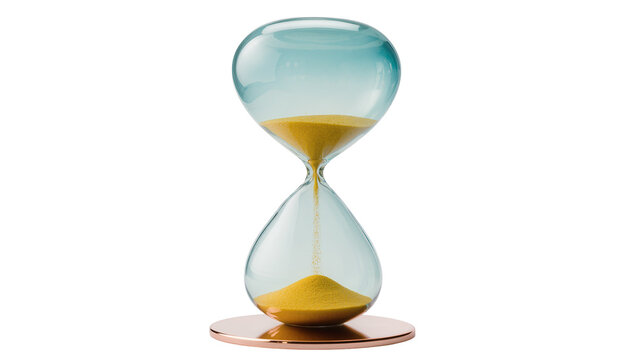 Glass hourglass with yellow sand flowing, isolated on transparent background