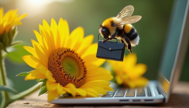 Furry bumblebee carries black briefcase to sunflower on laptop keyboard. Insect works in nature, business concept, tiny animal, remote job, funny contrast.