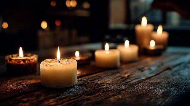 Multiple Lit Candles on a Wooden Table