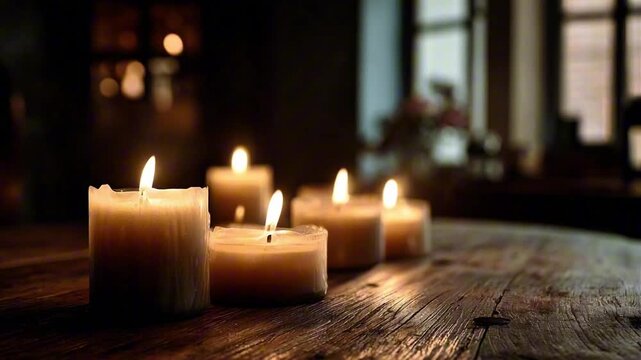 Multiple Lit Candles on a Wooden Table