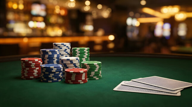 Stacks of casino chips and playing cards on green felt with a blurred casino background for betting concepts