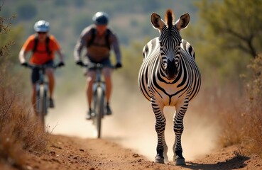 Obraz premium Two cyclists ride on a dusty dirt road in savanna. Zebra stands on path observing bikers. Wildlife and sport activity meet in natural habitat.
