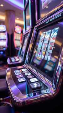 Detailed view of an illuminated slot machine inside a modern casino with colorful neon reflections