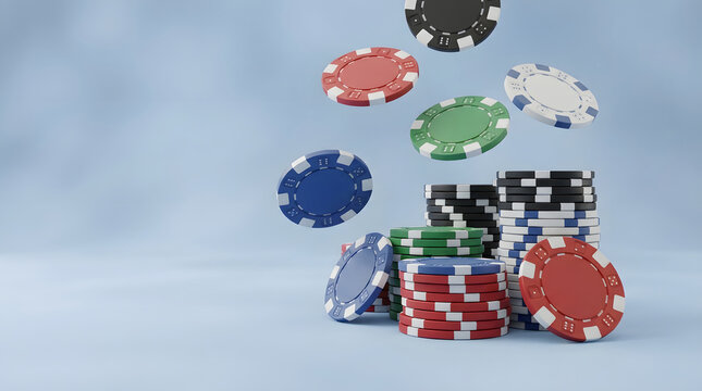 Stacked poker chips with several chips falling on a light blue background for betting and casino concepts