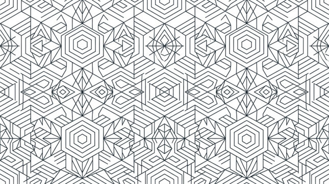 Seamless geometric line pattern with hexagonal and abstract shapes for modern textile background
