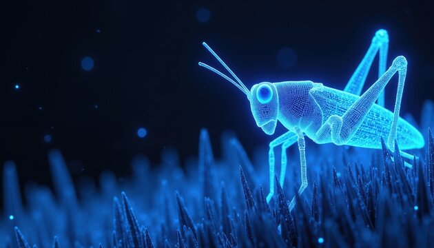 Blue wireframe grasshopper on neon grass. Futuristic insect glows in dark night with star specks. Abstract digital art shows nature concept.