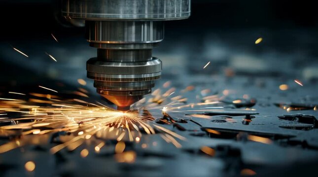 Macro of laser cutting a metal sheet, sparks flying in slow motion, high-precision machinery at work, cinematic, industrial, and detailed visual of modern fabrication.