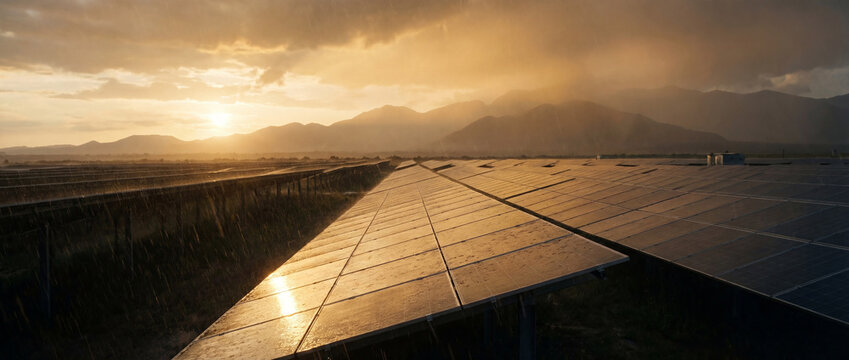 Solar Farm in Golden Rain at Sunset