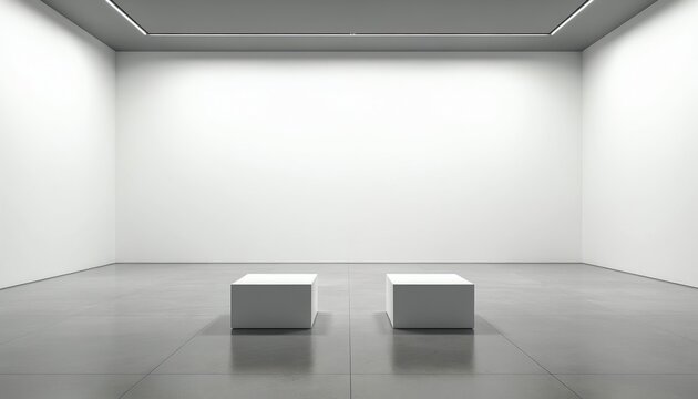 Minimalist white gallery room interior. Two blank cube pedestals stand on gray floor. Modern art exhibition space has clean walls and ceiling lights. Empty exhibition hall.