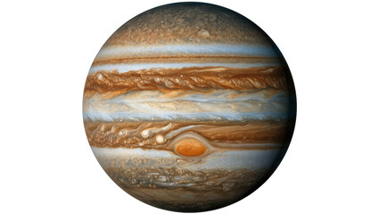 Giant striped gas planet Jupiter with Great Red Spot, isolated on transparent background © Matteo
