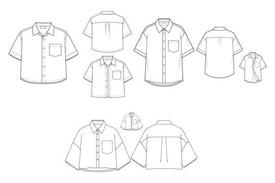 Men's Short Sleeve Shirt Technical Flat Sketches and Garment Pattern Templates for Fashion Design