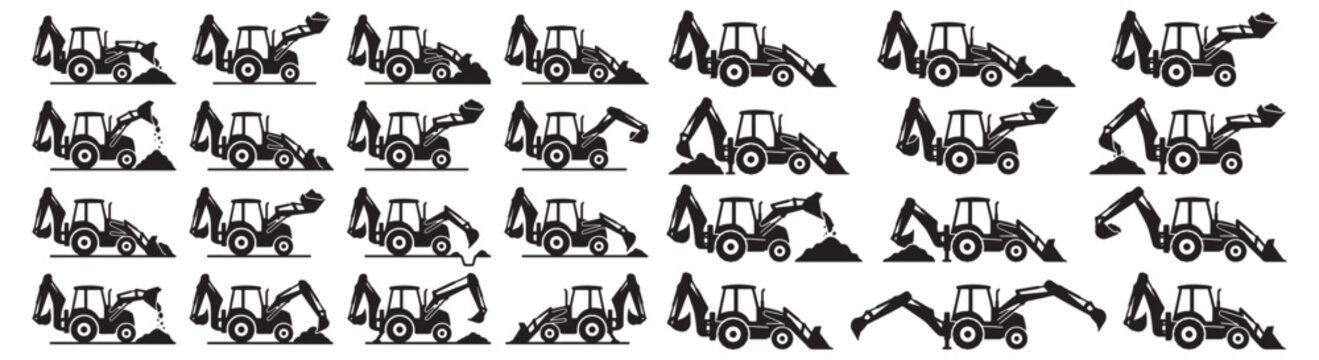 Backhoe Loader Silhouettes Set Construction Excavator Tractor Digging Machine Vector Collection
