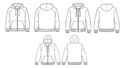 Naklejka premium Hoodie Mockup Flat Template Set — Technical Front and Back Apparel Sketches for Fashion Design