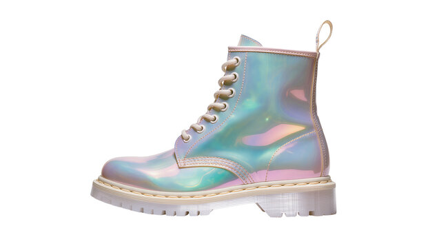 Iridescent holographic patent leather boot with white laces, isolated on transparent background