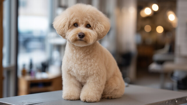Focused groomer scissor-trimming poodle face fur at eye level on elevated grooming table, reflecting mirror behind showing both sides, grooming studio with sterile white background, brushes and shea