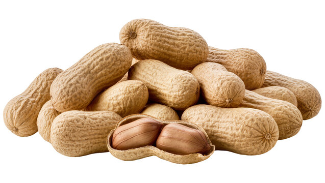 Pile of whole peanuts in shells one open revealing kernels, isolated on transparent background
