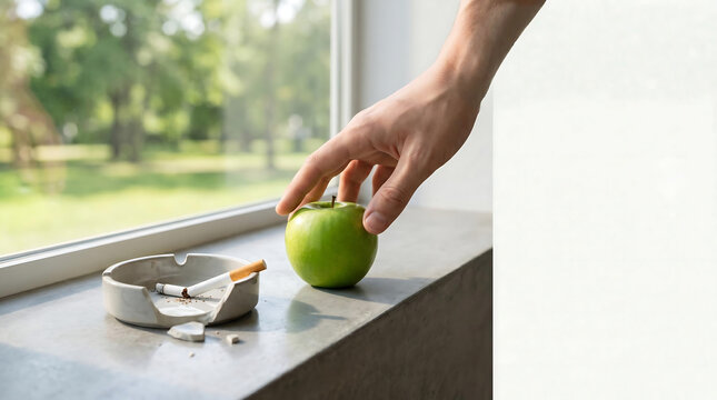 Hand reaching for green apple beside cigarette in ashtray  
