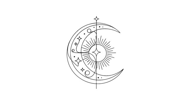 Elegant celestial mandala combining moon, stars, and crescent motifs in minimalistic black line art design perfect for spiritual