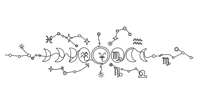 Intricate celestial and zodiac constellation design featuring detailed astrological symbols and star connections for cosmic