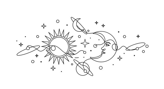 Abstract celestial and cosmic elements interconnected by fluid lines evoking harmony and cosmic energy in a minimalistic line