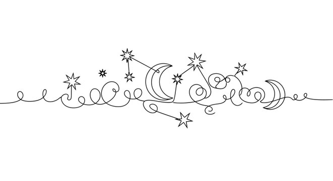 Whimsical celestial doodle illustrating moons stars and intricate swirling patterns in a minimalist line art style for artistic