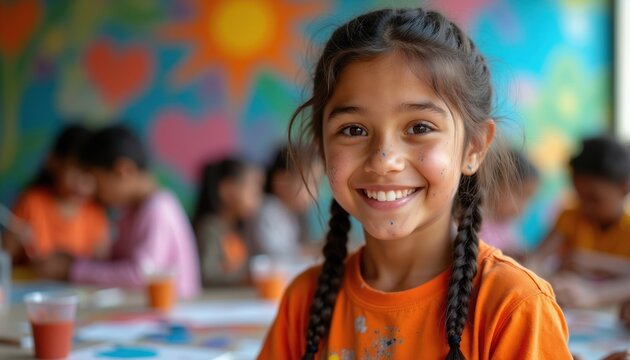 Young girl smiles while participating in outdoor art class. Children paint murals, enjoy creative activity. Diverse students collaborate on school beautification project.