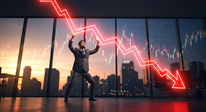 Businessman struggling to hold back a falling holographic red trendline against a city sunset office backdrop, symbolizing financial market crash