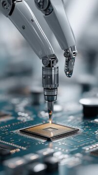 Macro shot of a robotic system placing microchips on circuit boards with extreme precision, cinematic, high-detail, clean industrial environment, showcasing advanced automation and technology.