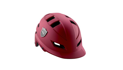 Fototapeta premium Matte red cycling helmet with silver emblem, isolated on transparent background