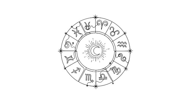 Minimalist Zodiac Wheel Illustration with Astrological Symbols and Sun and Moon Motifs for Horoscope and Celestial Charts