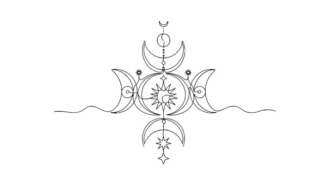 Intricate celestial and lunar symbolic design integrating crescent moons and stars with mystical elements and flowing lines for