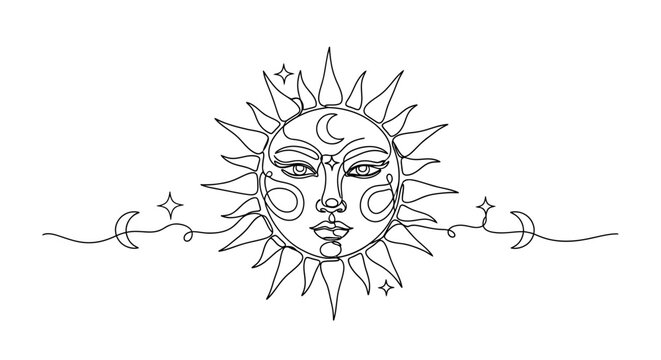 Mystical celestial art featuring a stylized sun and moon face with radiant rays and cosmic elements capturing spiritual harmony