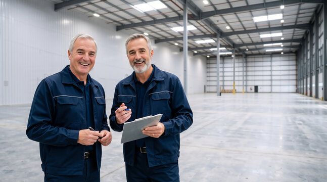 Two smiling warehouse managers standing in a large empty industrial facility. Professional men with clipboard in modern distribution center. Logistics and real estate concept