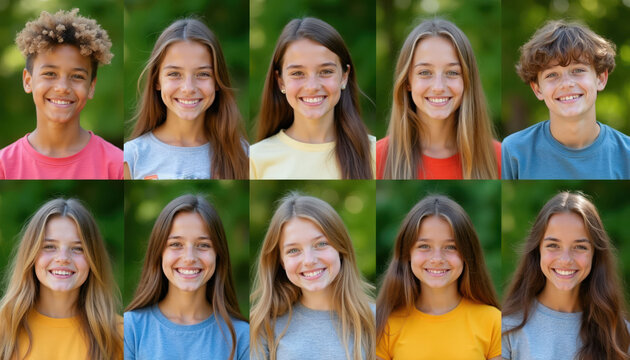 Ten young friends smile in outdoor portraits. Boys and girls show happiness and diversity, forming a connected group. They represent youth and togetherness.
