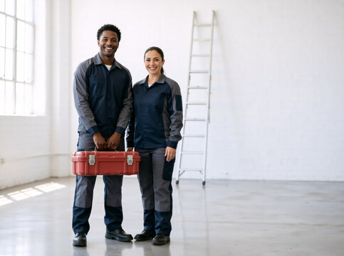 Diverse male and female maintenance workers holding a red toolbox. Smiling technicians in blue uniforms standing in an empty room with a ladder. Teamwork in repair and construction service concept